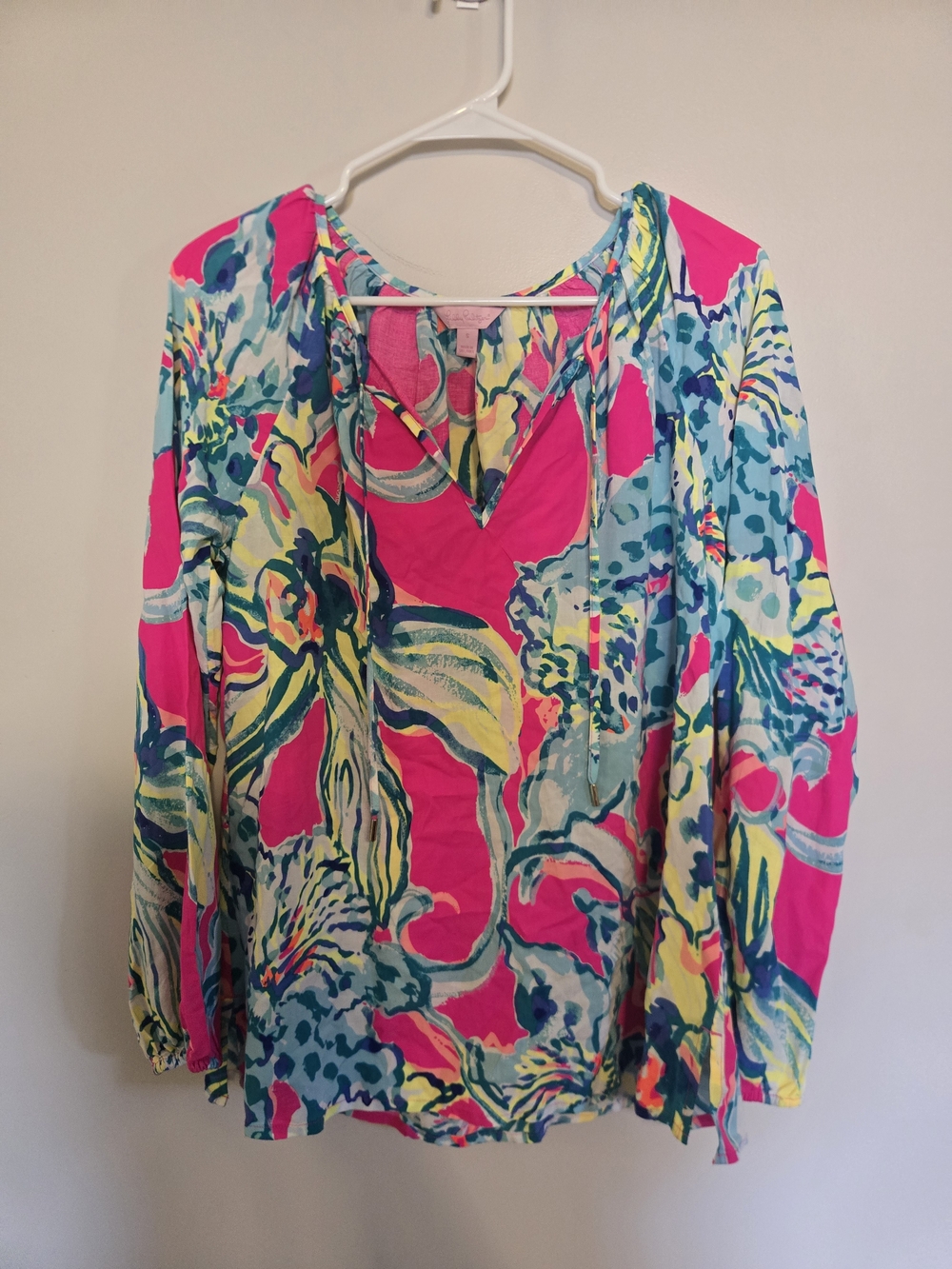 Womens Lilly Pulitzer Pink Tropical-Print Tie-Neck Blouse Size Small